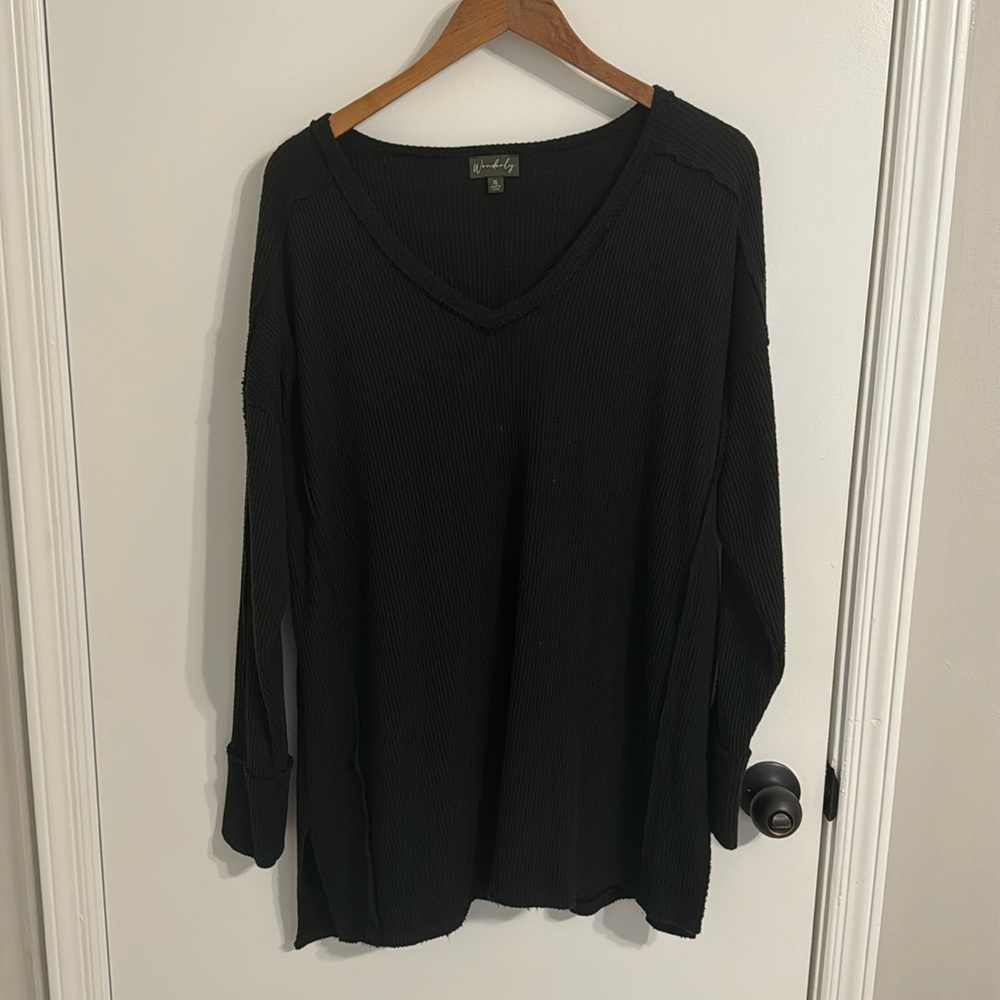 Waffle Knit Black Long Sleeve V-Neck Top